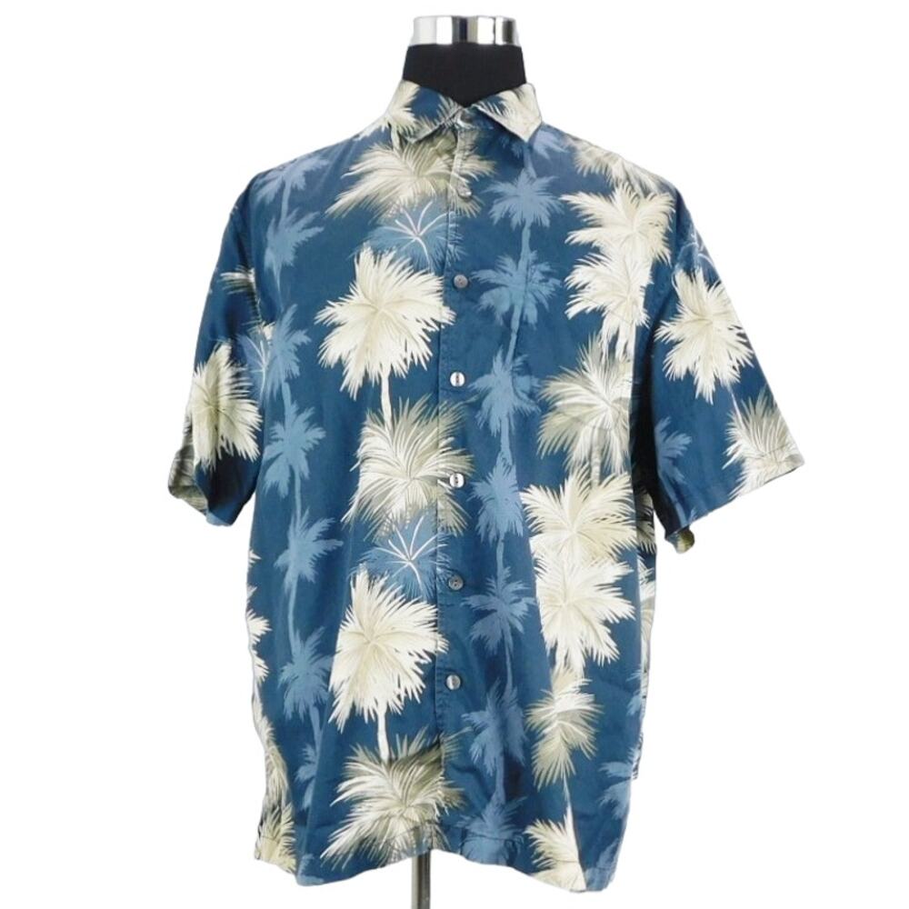 Caribbean Cotton Hawaiian Short Sleeve Button-Up Blue Cream Tan Mens XL Shirt